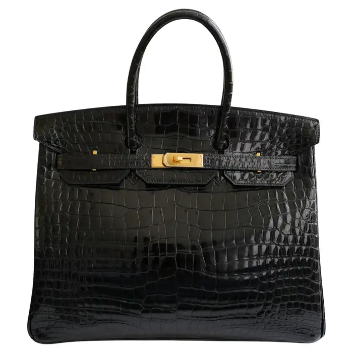 Hermès Birkin 35 Black Shiny Porosus Crocodile Gold HW #D Preowned Condition